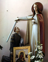 Rzeżba świętej Barbary błogosławiącej górnikowi